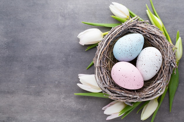 Paaseieren in het nest met rond tulpen