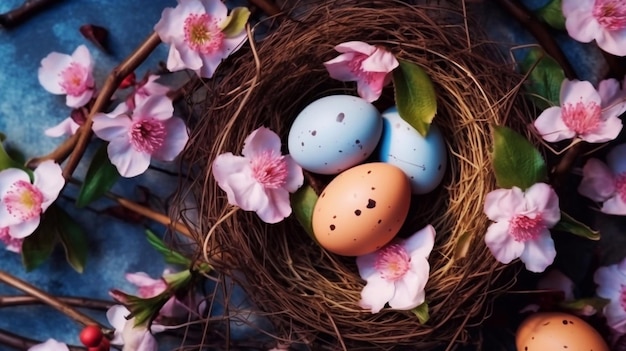 Paaseieren in het nest op rustieke houten achtergrond