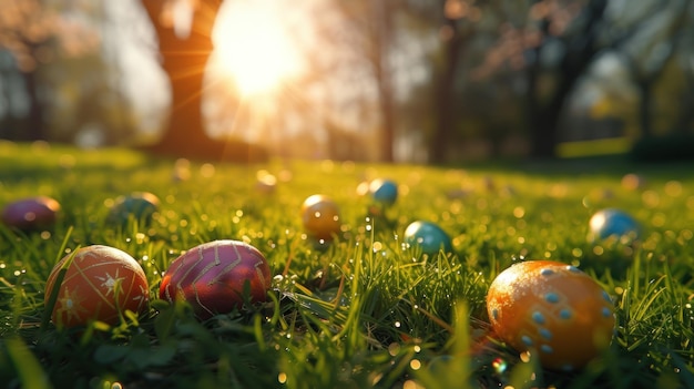 Paaseieren liggen op groen gras op een zonnige dag.