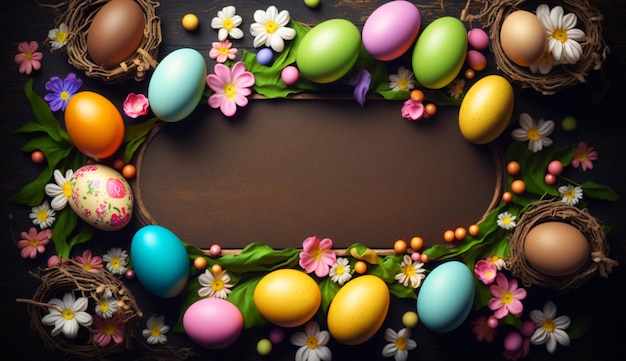 Paaseieren op een donkere achtergrond met een mand met bloemen en een frame met eieren