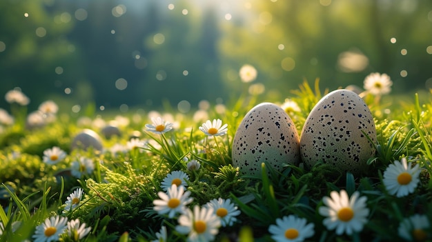 Paaseieren op groen gras met madeliefjes en zonnestralen.