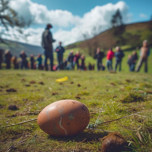 Paaseieren rollen in Schotland Traditioneel spel op een veld