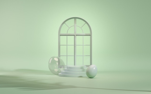 Paaseierenpodium met 3d rendervector in pastelblauwe en groene achtergrond