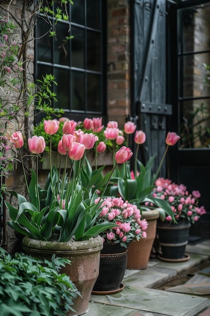 Paaselegantie Levende voorjaarsplanters en potten versierd met seizoensgebonden bloemen en bladeren