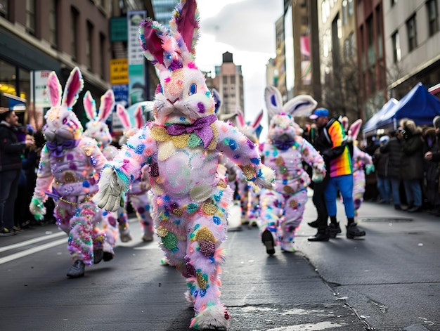 Paasfantasie Vreugdevolle parade van konijnenkostuums en voorjaarsfeesten