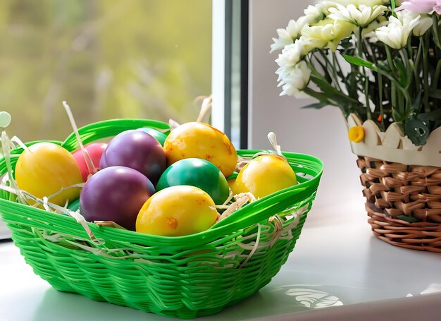 Paasgroene mand met gekleurde plastic eieren op de vensterbank tegen de achtergrond van bloemen