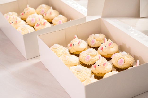 Paashaas cupcakes in een witte cupcake doos.