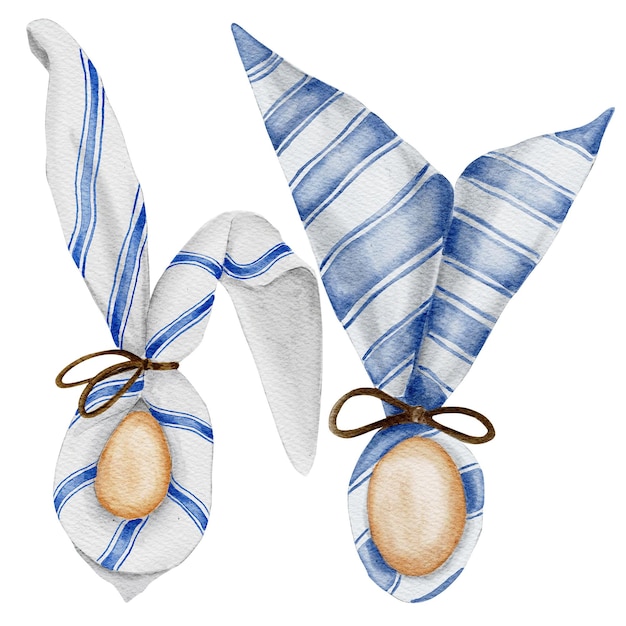 Foto paashaas gemaakt van blauw gestreept servet en ei. aquarel set pasen tafeldecor