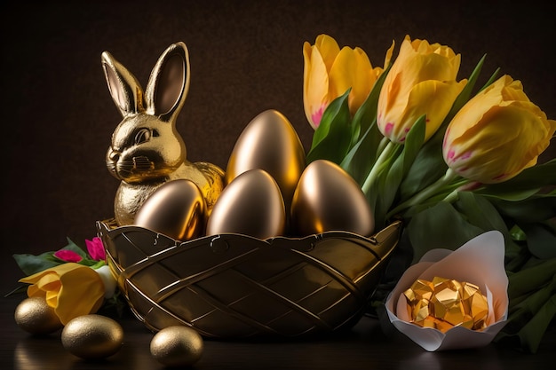 Paashaas gouden eieren in een mand en lente gele tulpen op een bruine achtergrond Generatieve AI 1