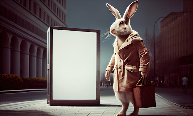Paashaas in jas naast leeg reclamebordmodel in stad vrolijk pasen-concept Generatieve AI