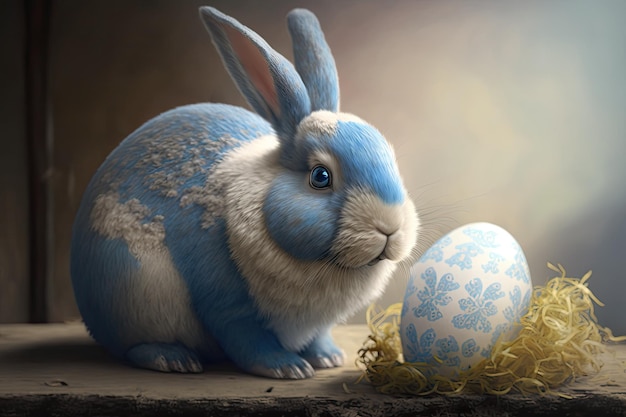 Paashaas konijn met een blauw ei erop geschilderd Het idee voor de paasvakantie