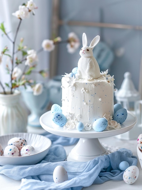 Paasillustratie met konijnen eieren en een taart in pastelkleuren