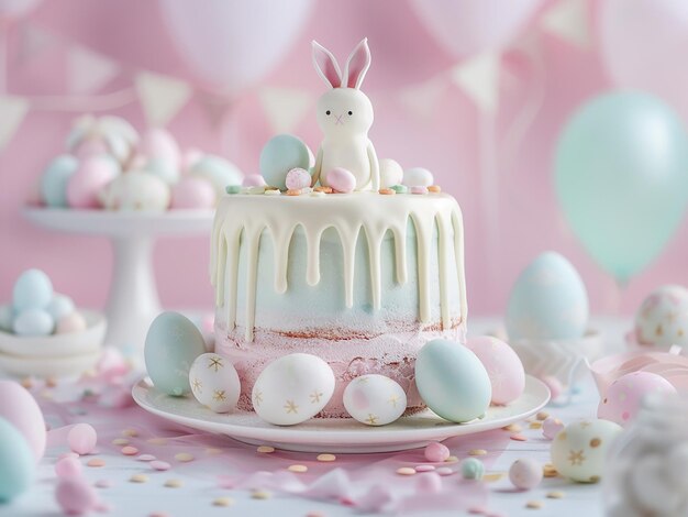 Paasillustratie met konijnen eieren en een taart in pastelkleuren