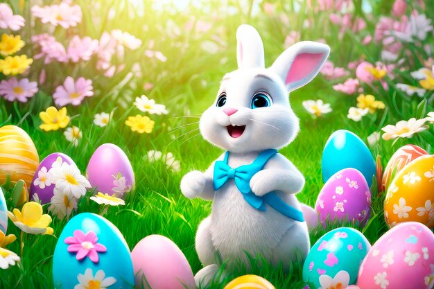 Paaskaart met bunny kleurrijke eieren en bloemen 3d render moderne illustratie