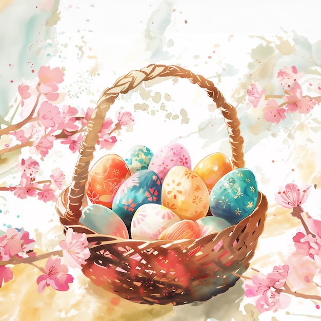 Paaskaart met waterverf met een mandje met prachtig gekleurde eieren