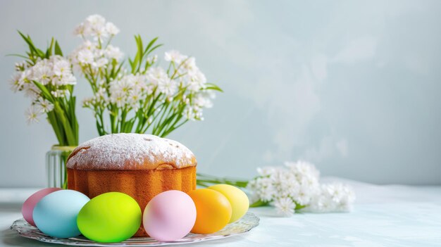 Paaskoek en eieren op een lichte achtergrond Paas still life kopie ruimte