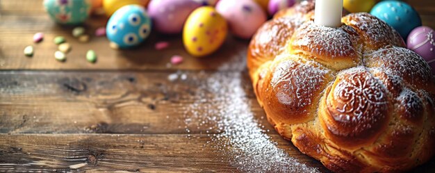 Foto paaskoek en eieren op houten achtergrond