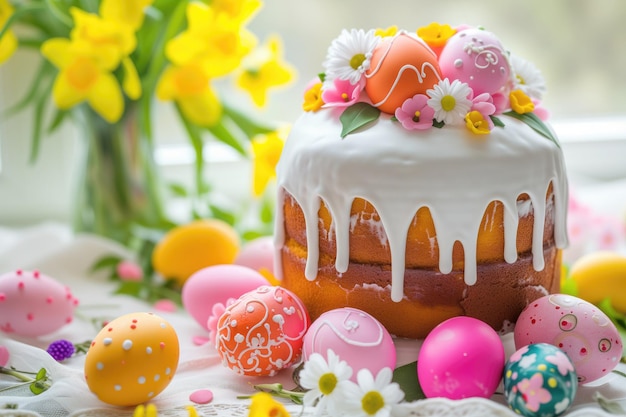 Paaskoek en paaseieren op een achtergrond van voorjaarsbloemen