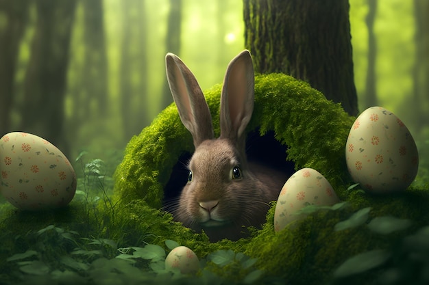 Paaskonijn in bosgat tussen paaseieren Pluizig konijn zoekt gekleurde versierde eieren in het bosgras bij het gat in de vorm van een ei-zonlicht