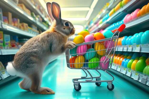 Foto paaskonijn met een winkelwagentje met paaseieren in de supermarkt