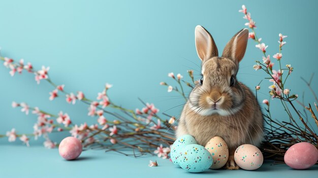 Foto paaskonijn met paaseieren en wilg op een pastel achtergrond