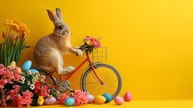 Paaskonijn op een fiets met gekleurde eieren en bloemen op een gele achtergrond