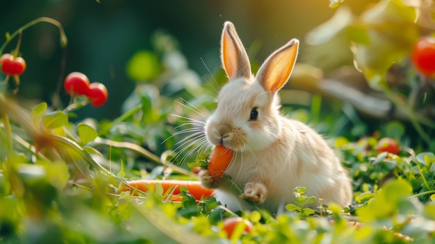 Paaskonijn pluizige konijn eten voedsel groenten wortels baby maïs op groene tuin natuur achtergrond op een zonnige dag Leuk zoogdier met prachtige heldere ogen in de natuur leven symbool van paasdag