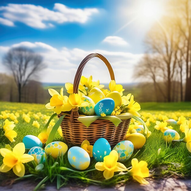 Foto paasmand met paaseieren op een groene weide narcissen bloeien geel