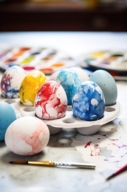 Foto paaspakket eieren met kleuren en stickers op tafel.