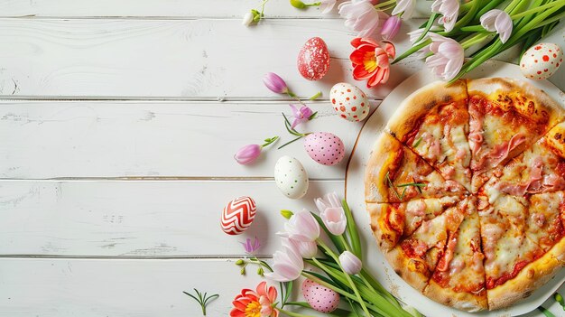 Paaspizza met kleurrijke eieren en voorjaarsbloemen op een witte houten achtergrond met kopieerruimte