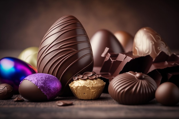 Paassymbool eieren en stukjes chocolade Chocolade is een levensmiddel gemaakt van gefermenteerde en geroosterde cacaobonen