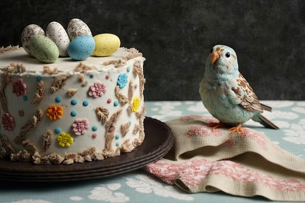 Paastaart op een kanten tafelkleed met beschilderde eieren eromheen en een speelgoedvogel aan de zijkant Kopieer ruimte Paasvieringen als concept