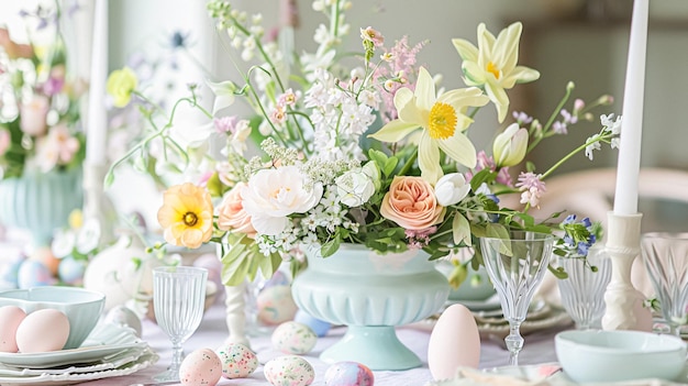 Paastafel met geschilderde eieren, voorjaarsbloemen en servies.