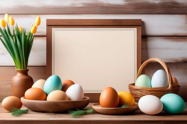 Paasvakantie wenskaart mockup met bloemen en gekleurde eieren op rustieke houten achtergrond