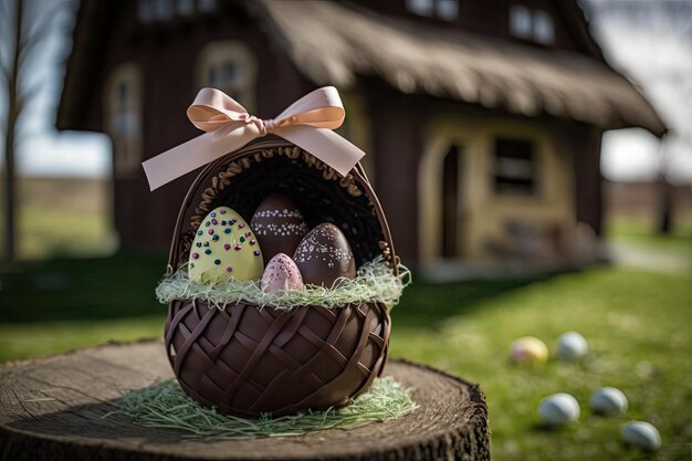 Paasviering in een rustieke omgeving met generatieve AI van chocolade-eieren en bloemen