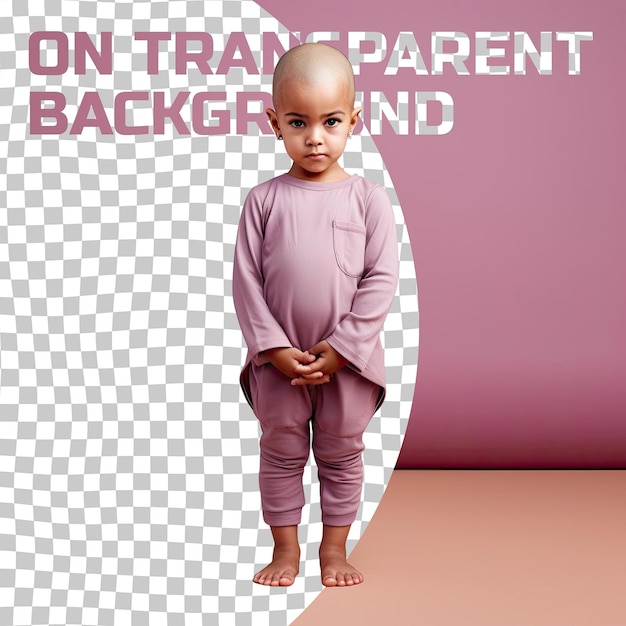 Pacific Islander Preschooler Girl Grateful Bald Yoga Pose Mauve Background