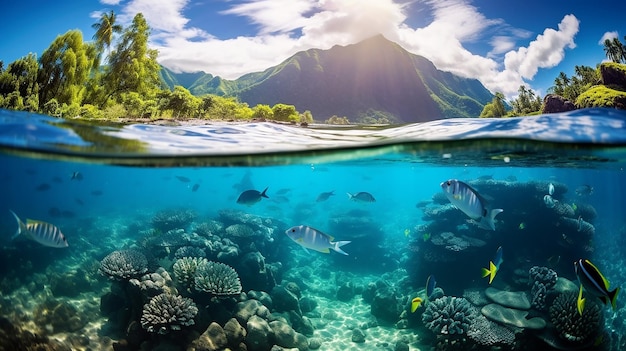 pacific ocean floor underwater seascape with some fish of Huahine island French Polynesia