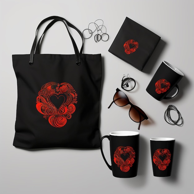 Photo pack of black tshirt tote bag and mug on transparent background