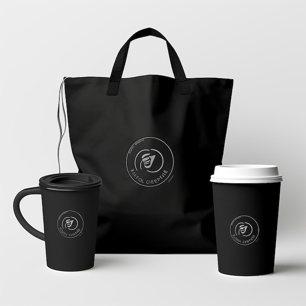 Pack of black tshirt tote bag and mug on transparent background