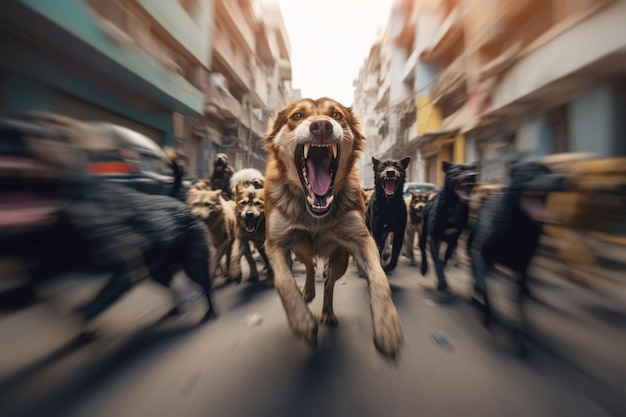 A pack of dogs exhibiting intimidating behavior growling and snarling creating a threatening atmosphere