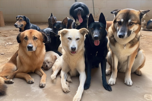 A pack of dogs sitting in a circle with their heads turned and looking at the camera created with ge