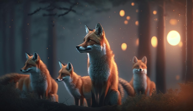 A Pack of Foxes Roaming through the Forest at Night