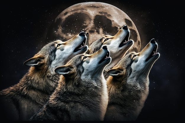 A pack of gray wild wolves howls at the moon at night