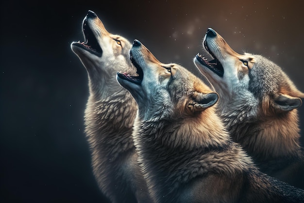 A pack of gray wild wolves howls at the moon at night