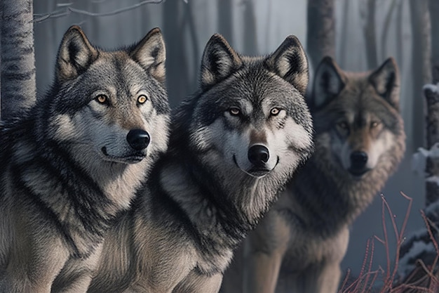 森の中の灰色のオオカミの群れ 冬の森の日没時のカニスルプスまたは材木オオカミのオオカミの大きな群れ ジェネレーティブ AI