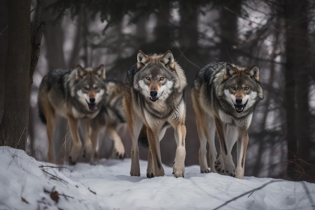 Photo pack of hungry wolves hunting in winter