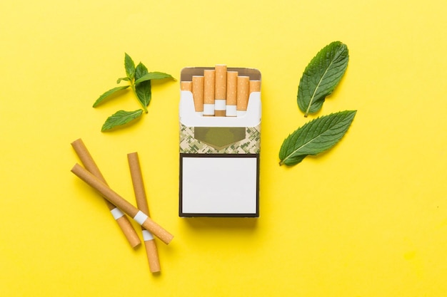 Pack of menthol cigarettes and fresh mint on colored table Menthol cigarettes top view flat lay