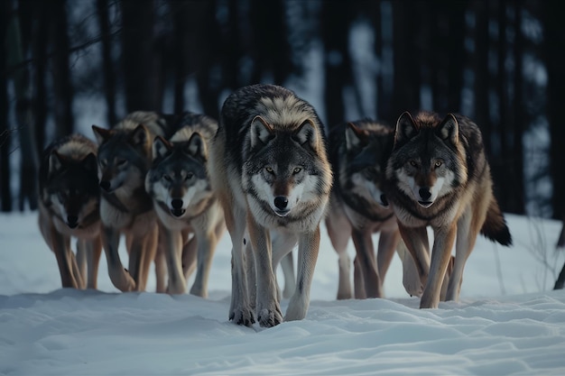 写真 冬に狩りをする空腹のオオカミの群れ