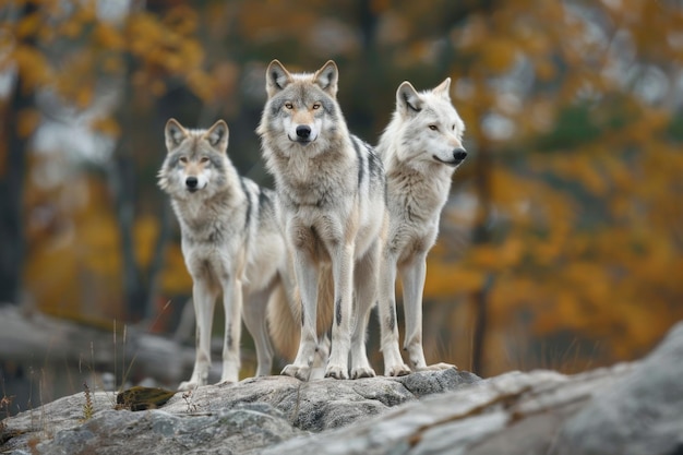 Фото Стая из трех восточных деревянных волков на скалистом склоне