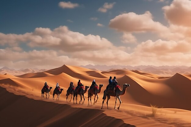 휴가를 위해 모래 언덕 디저트에서 낙타를 타는 사람들
